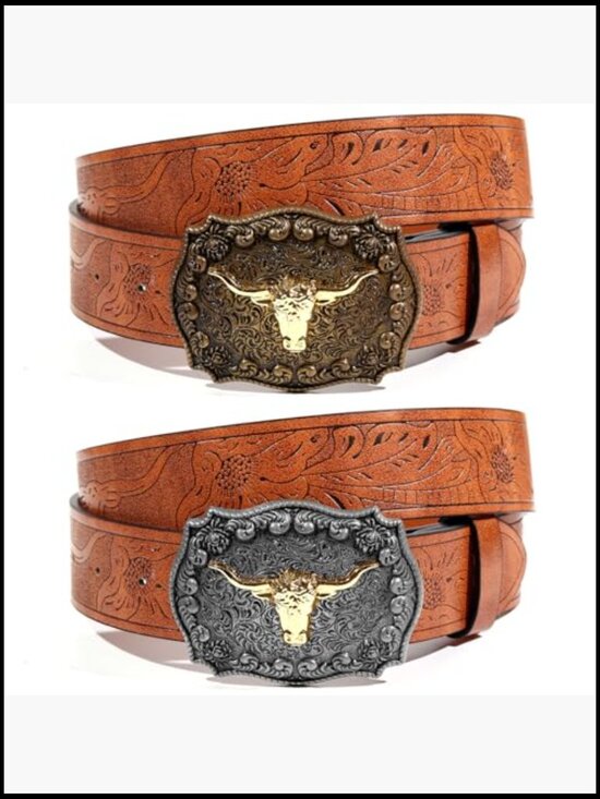 2-Pack Western Cowboy Belts PU Leather Gold Silver Buckle 28-41 Inch main image 5